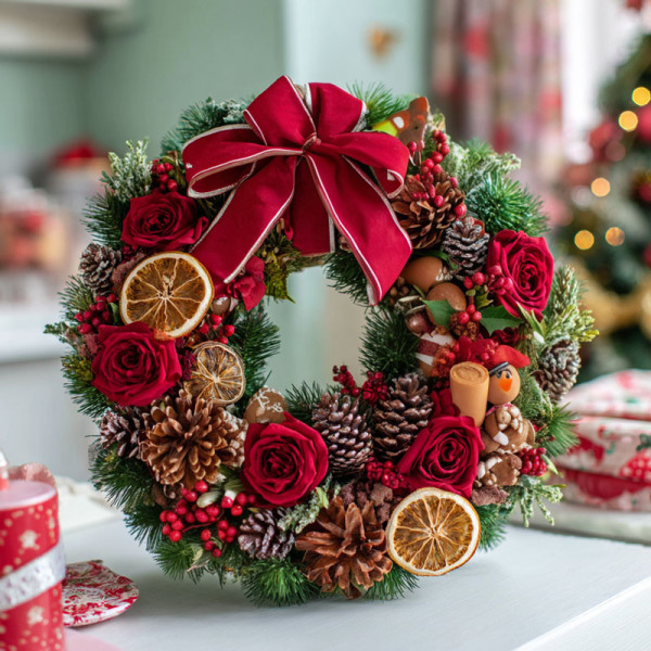 Christmas Red Rose Wreath – Rustic Festive Charm for Homes & Doors