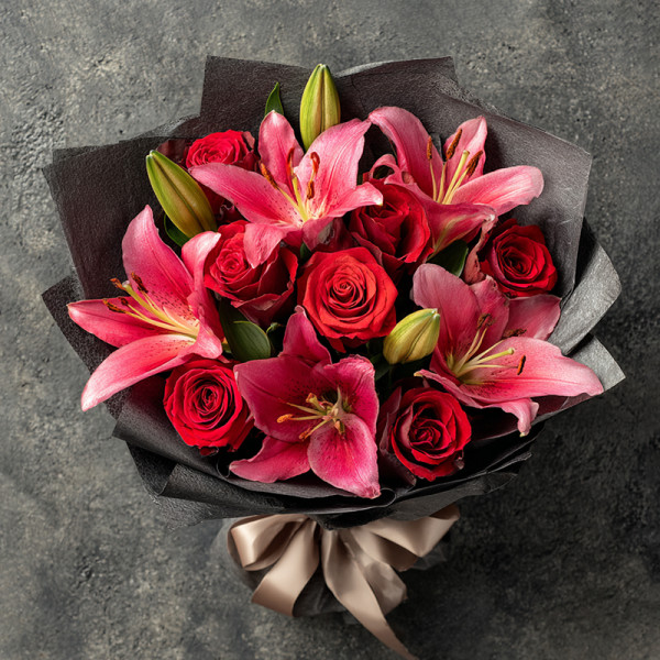 Crimson Bloom — Red Rose & Pink Lily Passion